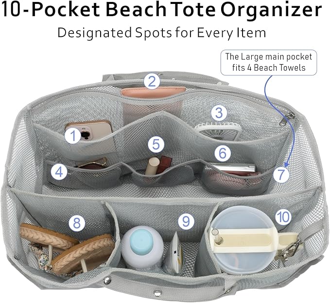 F-color Beach Bag Organizer Insert Compatible with Silicon Bag Original Large, Mesh Tote Liner with 10 Pockets & Adjustable Handle, Lightweight Divider Pouch for Beach Accessories Organizing, Grey