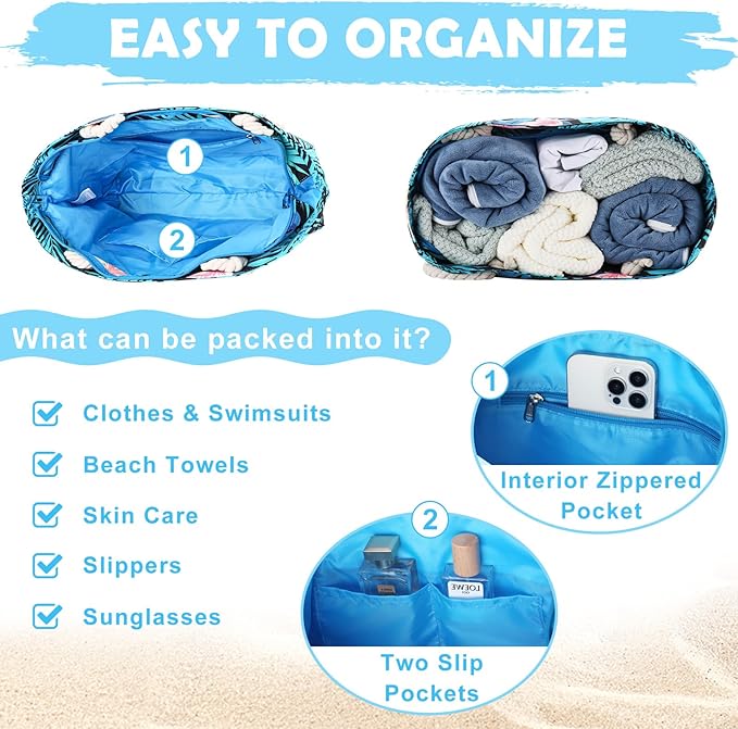 Kasqo Beach Bags for Women, Large Waterproof Beach Bag Tote Zipper Swim Pool Bag with Small Pouch for Grocery Travel Vacation