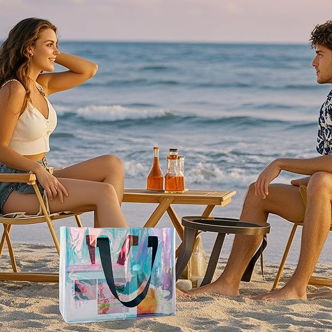 Holographic PVC Beach Bag Waterproof - 18×13×6inch Large Clear Tote for Women Men Pool Travel Sandproof Carry All