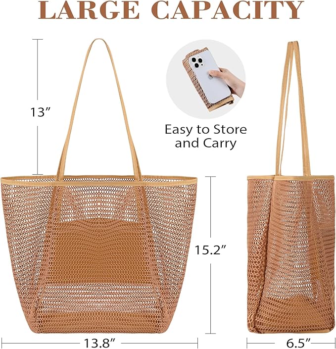 Tavaleu Mesh Beach Bag, Beach Bags for Women, Woven Straw Beach Tote Bag Waterproof with Inner Pocket, Packable Beach Bag
