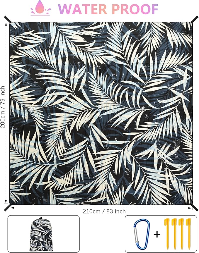Beach Blanket Waterproof Sandproof Beach Mat 79”x 83” for 1-8 Adults Quick Drying Durable Outdoor Picnic Mat for Beach Festival Travel Camping Hiking (BK&W-Palm, 79"×83"(4 Person))
