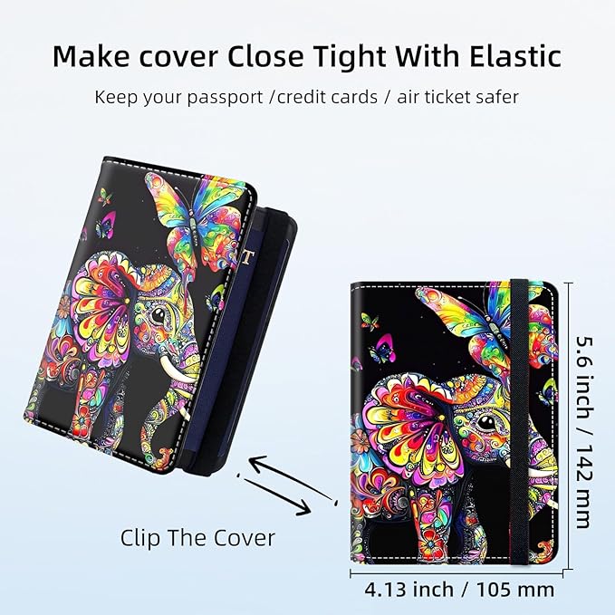 RFID Security Premium Passport and Travel Document Holder Combo, Slim PU Leather Folio Wallet with 3 Card Slots & Boarding Pass Pocket, Secure Elastic Closure Organizer, Colorful Floral Elephant