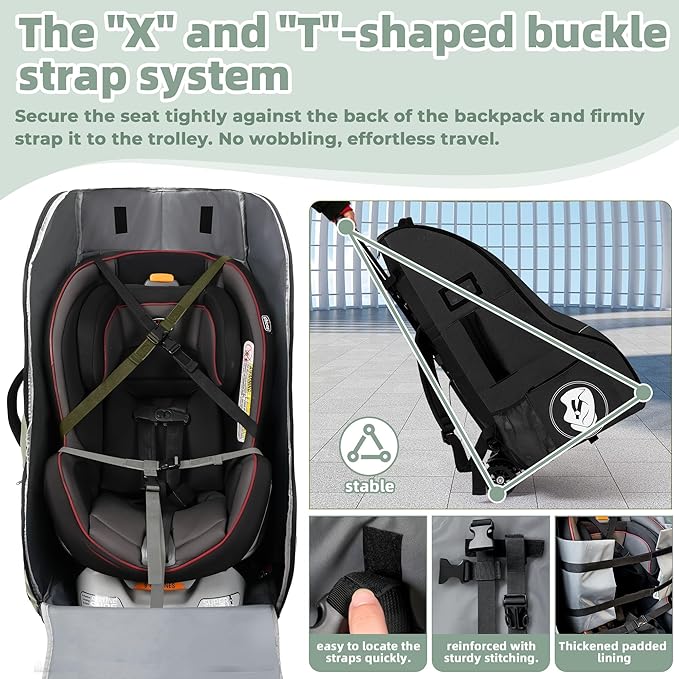 Car Seat Travel Bag with Wheels for Airplane, Waterproof Padded Car Seat Carrier Backpack for Airport, Fits Infant & Convertible Seats， Black
