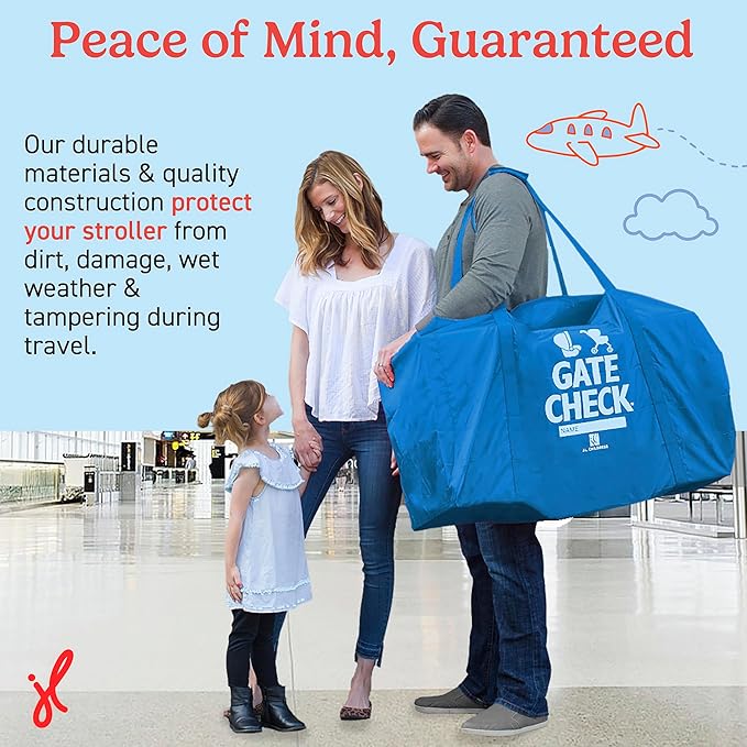 J.L. Childress Gate Check Bag for Single & Some Double Strollers - Travel Bag for Airplane, Fits Most Standard Baby Strollers, Airport Accessories Gate Check, Flying Essentials - Deluxe, Blue
