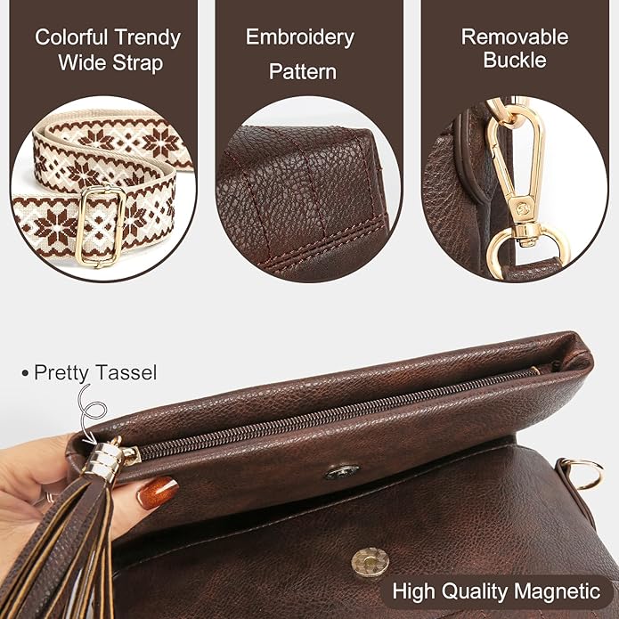Women's Leather Crossbody Bags Anti Theft Purses RFID Blocking Handbags Trendy Travel Adjustable Strap Tassel