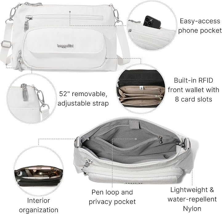 Baggallini Original Everyday 11x7.5 Crossbody Bags Rfid Protected Lightweight Nylon Zippered Travel Purse