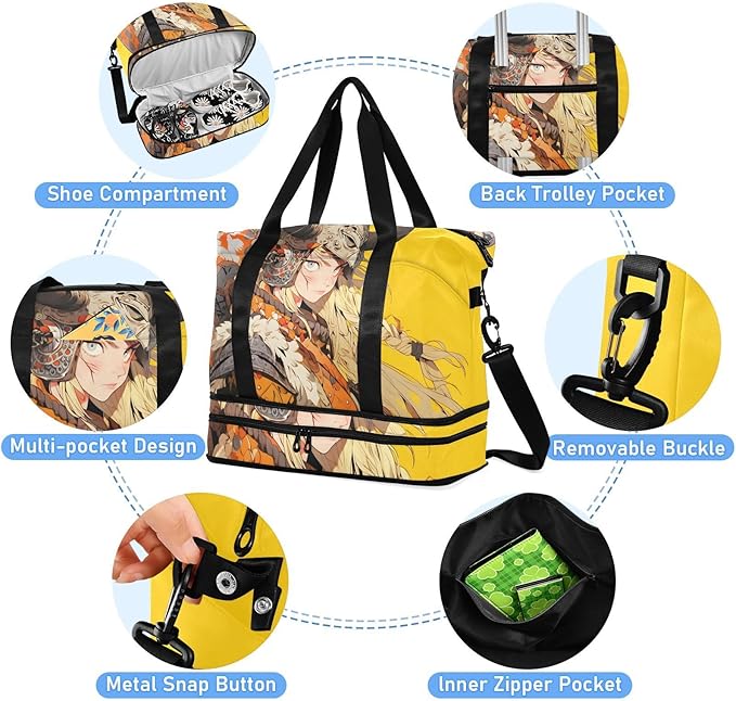 Anime Warrior Woman Print Gym Bag Duffel Bags Weekender Overnight Bag Set with Shoes Compartment for Travel Sports Yoga