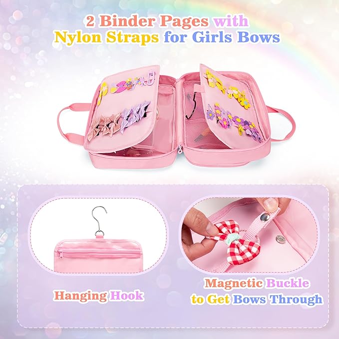 Hanging Hair Accessories Organizer for Baby Girls, Hair Bow Storage Bag, Travel Hair Stuff Case for Hair Clips, Hair Ties, Headbands, Scrunchies, Pink (Bag only)