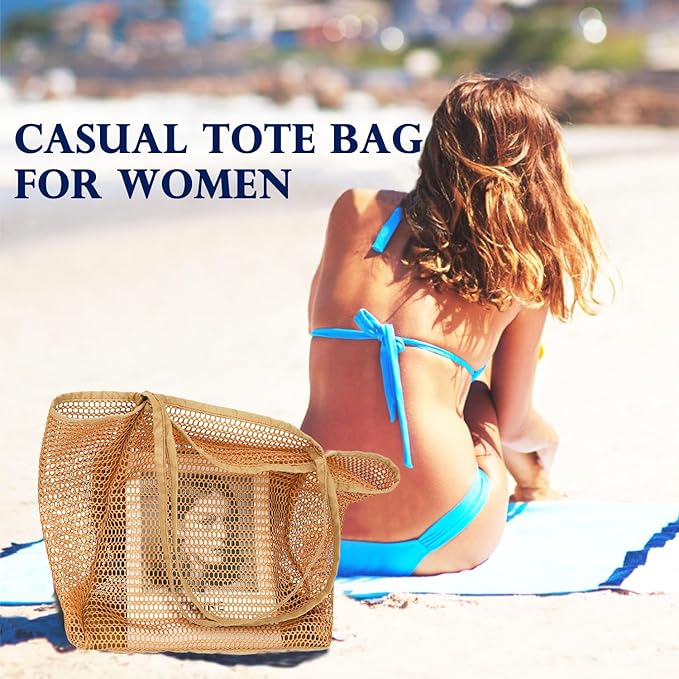 Mesh Beach Bag, Large Beach Tote with Zipper Pocket, Toys Pool Bag for Family Travel Vacation Cruise Essentials