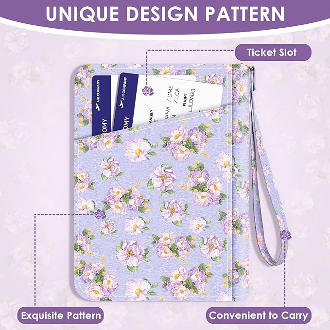 Passport Holder, Passport Holder For Travel, Passport Cover For Travel Essentials, Passport Wallet Cover RFID Blocking, Cute Passport Book for Women and Men, Purple Flowers