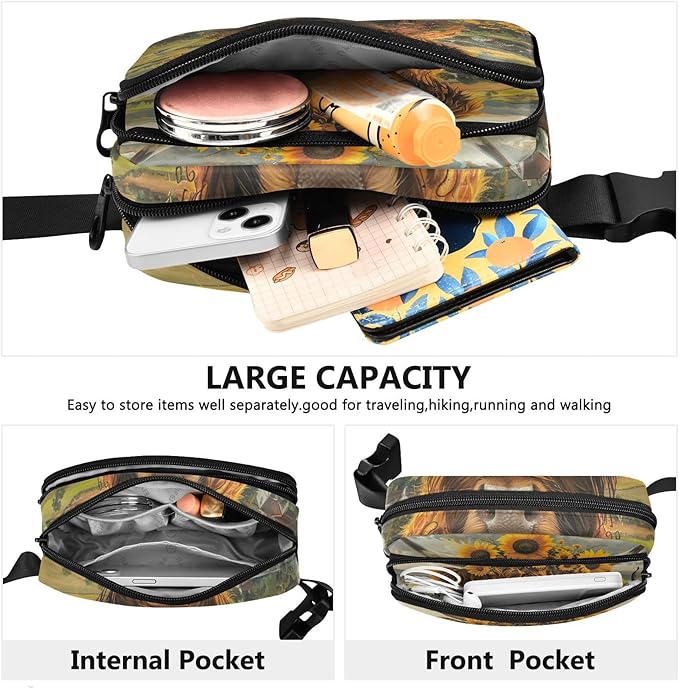 Highland Cow Sunflowers Fanny Pack for Women Men Water Resistant Fashion Waist Packs with Adjustable Strap Belt Bag for Travel Workout Jogging Hiking 21220118