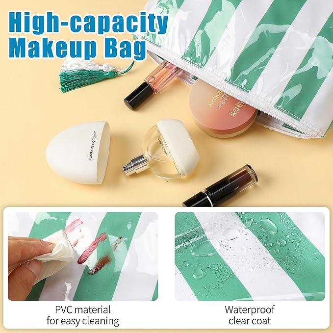 Makeup Bag, Large Clear Coated Cosmetic Bags for Women Girls, Waterproof Travel Makeup Bag for Purse Organizer Zipper Pouch Beach Summer Vacation Essentials Gifts for Women