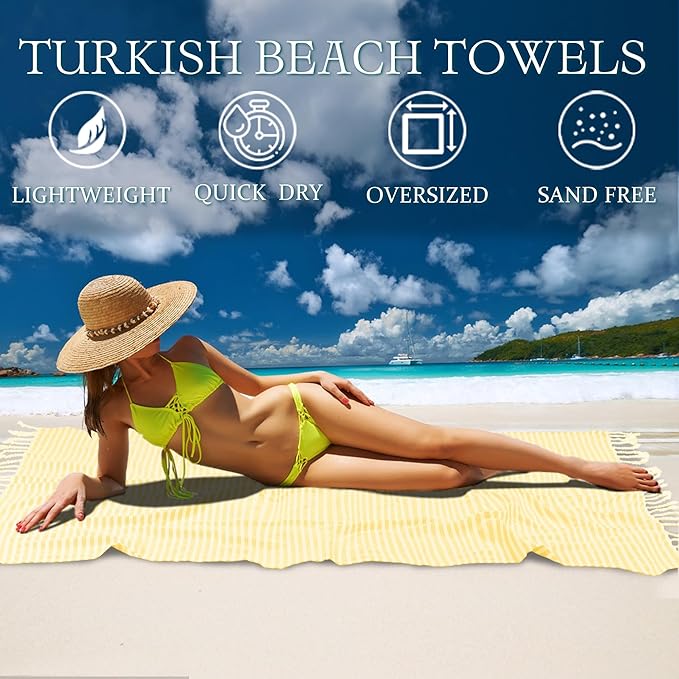 Turkish Striped Beach Towels Bulk Oversized 39"x71" Large Bath and Pool Set Quick Dry Lightweight Travel Towel for Adult,100% Cotton TEBT-18-1yellow