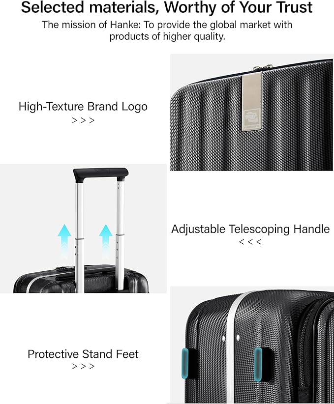 Hanke 20 Inch Carry-On Luggage PC Hard Shell Suitcases for Travel Front Opening Aluminum Frame Travel Luggage Rolling Suitcase with Wheels for Women Man Gifts.(Jet Black)
