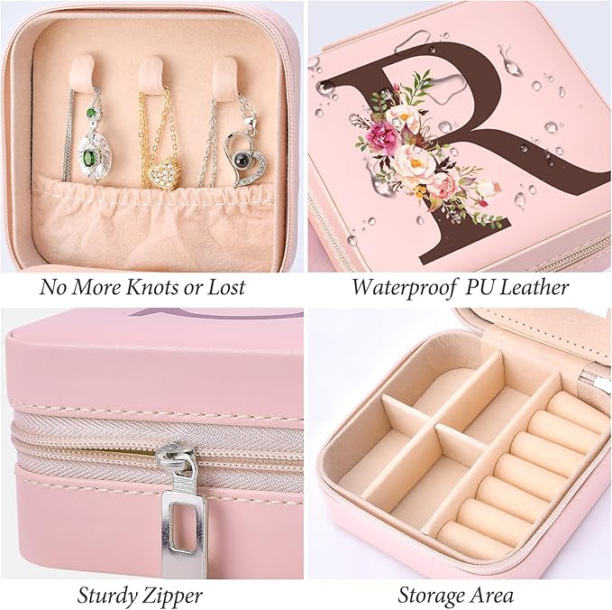 Small Travel Jewelry Case for Girls Women, Travel Jewelry Box Organizer Personalized Pink Gifts for Wife Mom, Gift for Friend Sister Grandma Aunt, Initial R