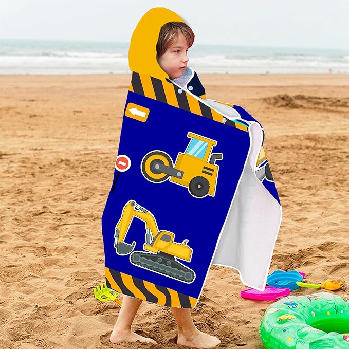 Excavator Hooded Beach Towel for Boys, Soft & Absorbent Truck Excavator Poncho Towel, 30”x50” Construction Truck Bathrobe for Kids Cool Cartoon, Quick Dry Swim, Pool, and Bath Time