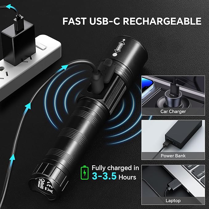 LED Rechargeable Flashlights 9900 High Lumens 2Pack, Super Bright Flashlight, Zoomable Powerful Camping Flashlights with LCD Digital Display, 5 Modes Waterproof Flash Light for Home