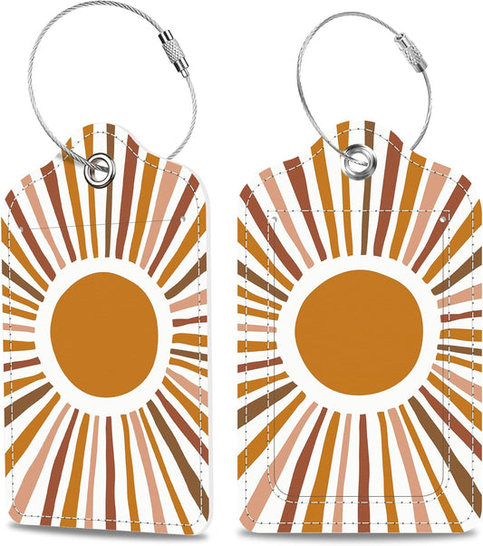 Scandinavian Style Abstract Sun Luggage Tags 2PCS PU Leather Suitcases Tag with Stainless Steel Loop and Privacy Name Address Cover Label Card for Women Men Travel