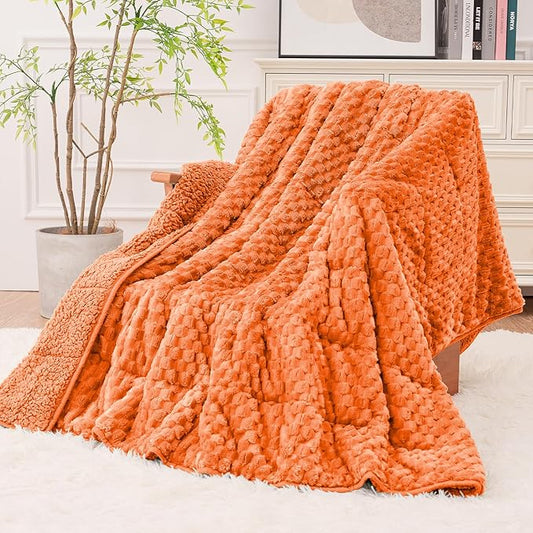 Super Fuzzy Soft Fleece Sherpa Weighted Blanket 20 lbs for Adults, 3D Imitation Turtle Shell Luxury Weighted Throw for Better Sleep, Dual Sided Cozy Heavy Blankets for Couch Bed, Orange, 60" x 80"