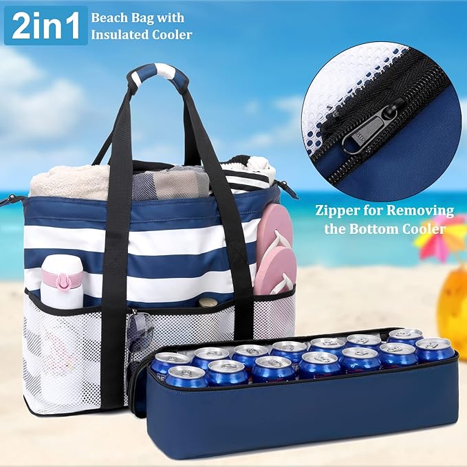 JIANYA Beach Bag Women Waterproof Sandproof Beach Tote Bags with Cooler Top Zipper Large Totes for Pool Travel Daily