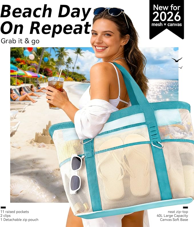 2026 Chic & Spacious XX-Large Beach Bag for Women — Mesh × Canvas Tote with Top Zipper, 11 Pockets, Detachable Pouch | 40L+ Spacious, 11 Tall Pockets, Zipper Pouch, Secure Zip-Top, Sand-Resistant Base