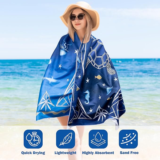 Turtle Magnetic Beach Towel - 74.8"x30" Sand Free Quick Dry Microfiber Towel with Built-in Magnets Lightweight for Beach Chair Car Door Pool Travel Camping Yoga with Storage Bag