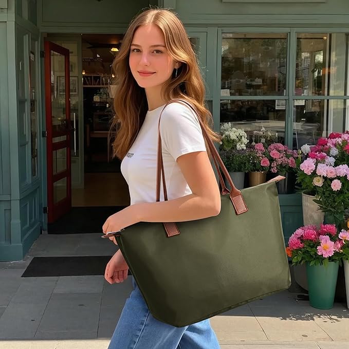 Tote Bag for Women, Nylon Top-Handle Purse with Zipper, Lightweight Foldable Shoulder Hobo Handbag