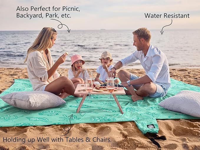 WEKAPO Beach Blanket Waterproof Sandproof Oversized, Extra Large Beach Mat Sand Free, Lightweight & Compact Sand Free Mat with 6 Stakes & 4 Corner Pockets