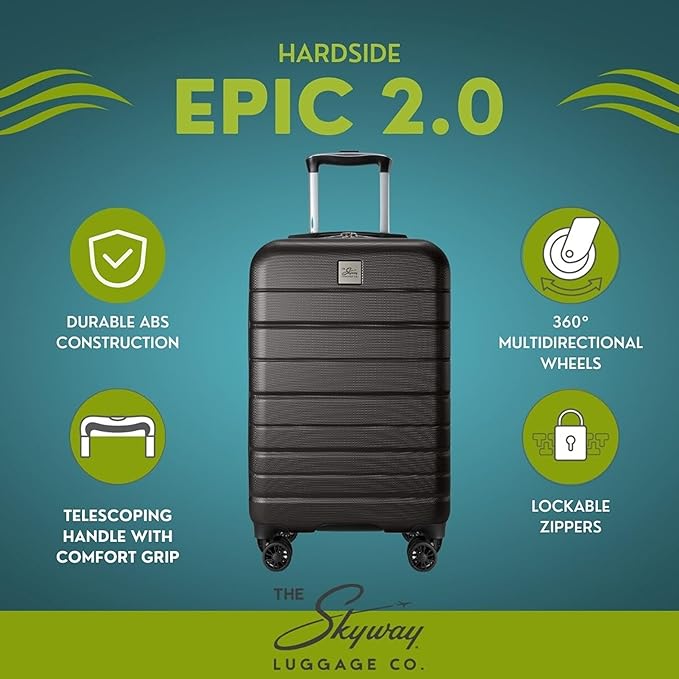 Skyway Epic 2.0 Hardside Lightweight and Durable ABS Shell Luggage, Spacious with 8-Wheel Spinners, Comfort Grip with Telescoping Handle, Men and Women, Midnight, 3-Piece Set (20,24, 28)