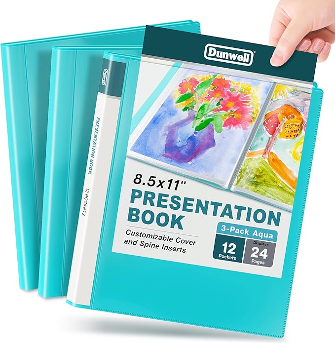 Dunwell Presentation Binder 12-Pocket, Displays 24 Pages, 8.5x11 Portfolio Binder with Plastic Sleeves, Storage and Organizer for Documents, Certificates, Projects, Photos (3 Pack, Aqua)