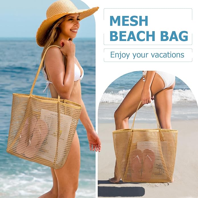 Iioscre Beach Bag for Women, Causal Hobo Pool Bags with Zipper Inner Pocket, Foldable Swim Tote Bag for Vacation Essentials