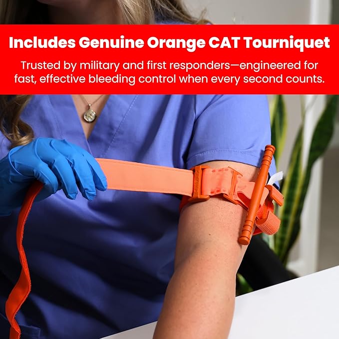 Basic Bleeding Control Kit from iThrive Medical - Stop The Bleed Kit with CAT Tourniquet, Trauma Dressing, Gauze & More - Public Access Emergency First Aid Kit in Red Nylon Bag