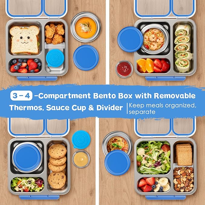 Stainless Steel Bento Box Kids Adult with 7oz Insulated Food Jar, Transparent Lid Metal Lunch Box With Soup Thermal Jar, Lunch Box Container with Removable Divider & Sauce Cup School (Blue)