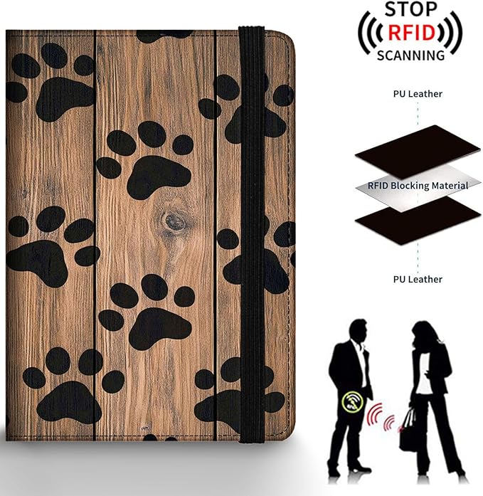 Passport Holder Wallet Cover Case,RFID Blocking Passport Cover,Large Capacity Travel Wallet with Multi Card Slots (Vintage Wood Paw Print Pattern)