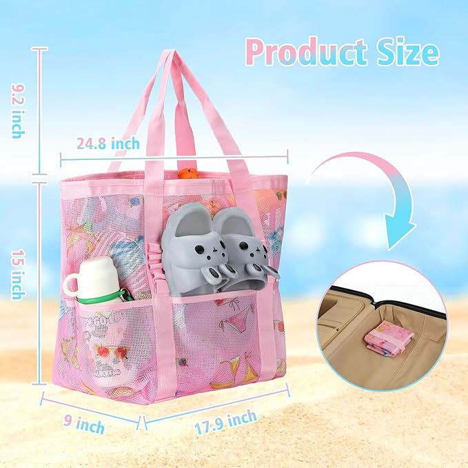 Mesh Beach Bags for Women - Family Beach Tote Bag for Toys, Towels, Travel Vacation Cruise Essentials