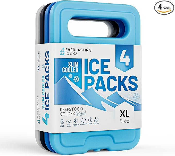 Reusable XL Slim Ice Packs for Lunch Boxes with Handle (4 Pack) BPA Free Freezer Packs | 6.5 x 4.5 in | Long Lasting Ice Pack for Insulated Bags, Picnic, Travel, and More