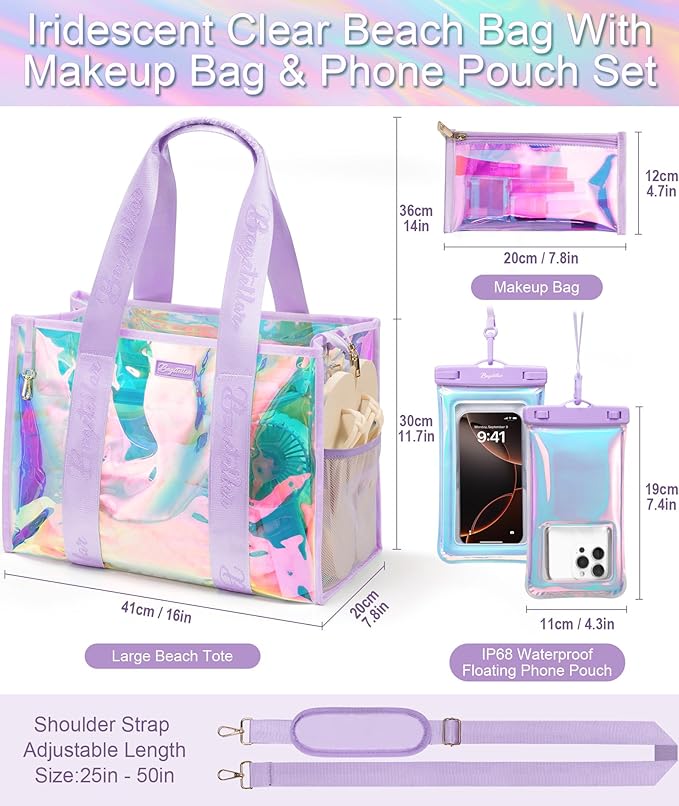 Bagstellar Iridescent Beach Tote Bags for Women, Large Zipper Beach Pool Swim Bag with Makeup Bag & Waterproof Phone Pouch | Waterproof Sandproof, Adjustable Strap, Packable, Foldable, Travel Tote Bags, Vacation Essentials, Gift for Women