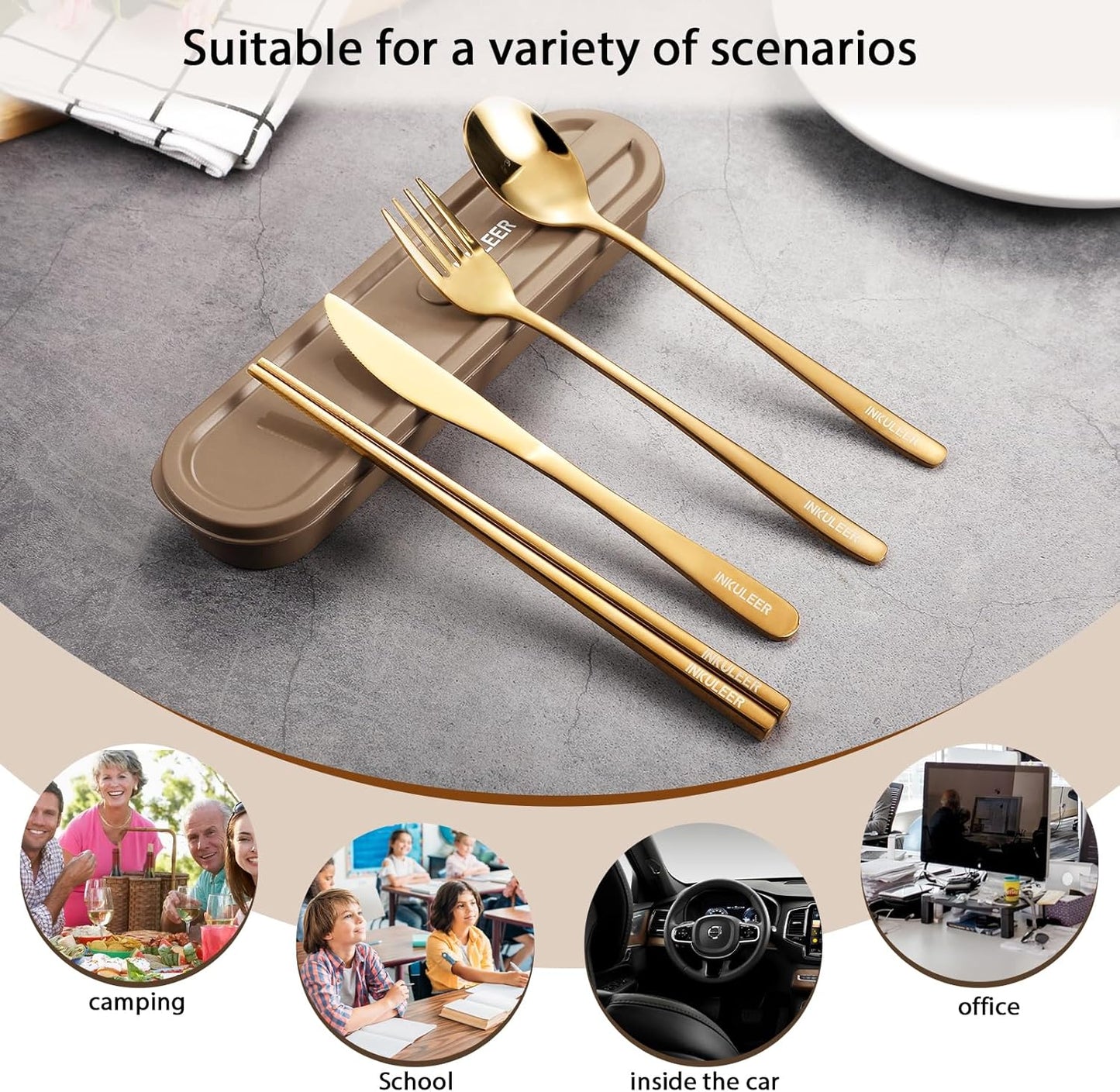 INKULEERTravel cutlery set, 18/8 stainless steel cutlery, Reusable utensils set with case, Portable Silverware Lunch Box for Camping and Office (Rose gold)