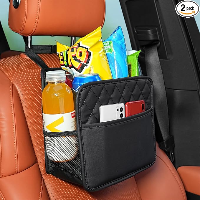 2Pack Car Seat Back Organizer, Waterproof Car Backseat Organizer with Cup Holders Large Capacity Hanging Car Storage Bag for Phones Documents Cups Bottle Travel Compatible with Most Vehicles