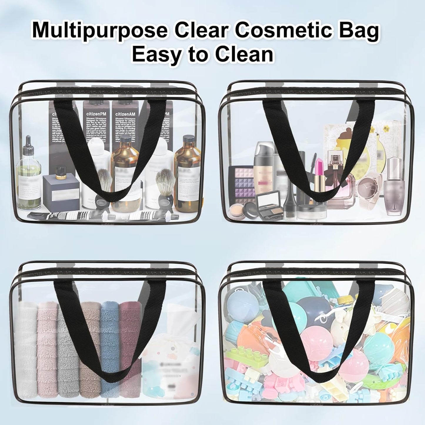 APREUTY Clear Makeup Bags, TSA Approved 3 Pcs Large Cosmetic Makeup Bags Set Clear PVC with Zipper Handle Portable Travel Luggage Pouch Airport Airline Vacation Organization (Black)