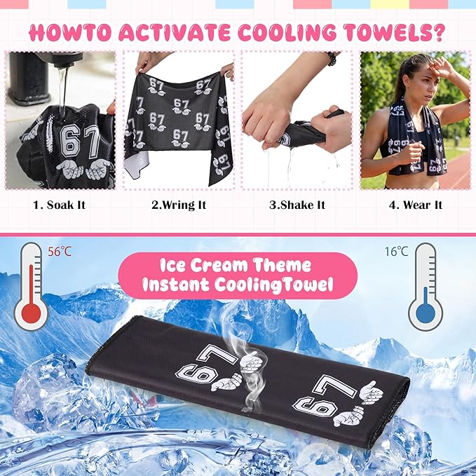 12 Pcs Six Seven Ice Cream Drip Cooling Towel 40"x12" Swim Pool Towel Cooling Baseball Softball Team Gift Youth Gift for Hot Weather Workout Gym Sport Party Favors(67 Meme)