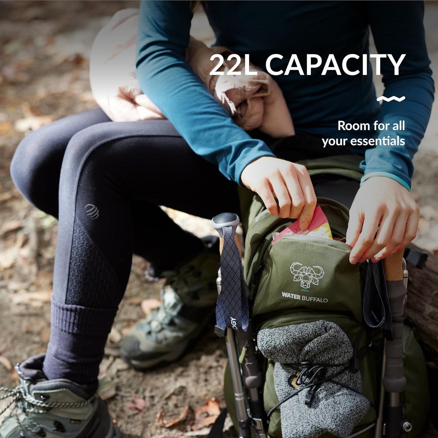 Water Buffalo Hydration Backpack - Sherpa 22L Hiking Backpack with Water Bladder - Water Backpack for Hiking with Waterproof Zippers, Phone & Pole Holders