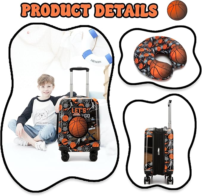 Kids Basketball Suitcase Set for Boys Hardside Luggage with Spinner Wheels 5 Piece 16inch Toddler Suitcase for Boys Travel Carry on Luggage Airline Approved