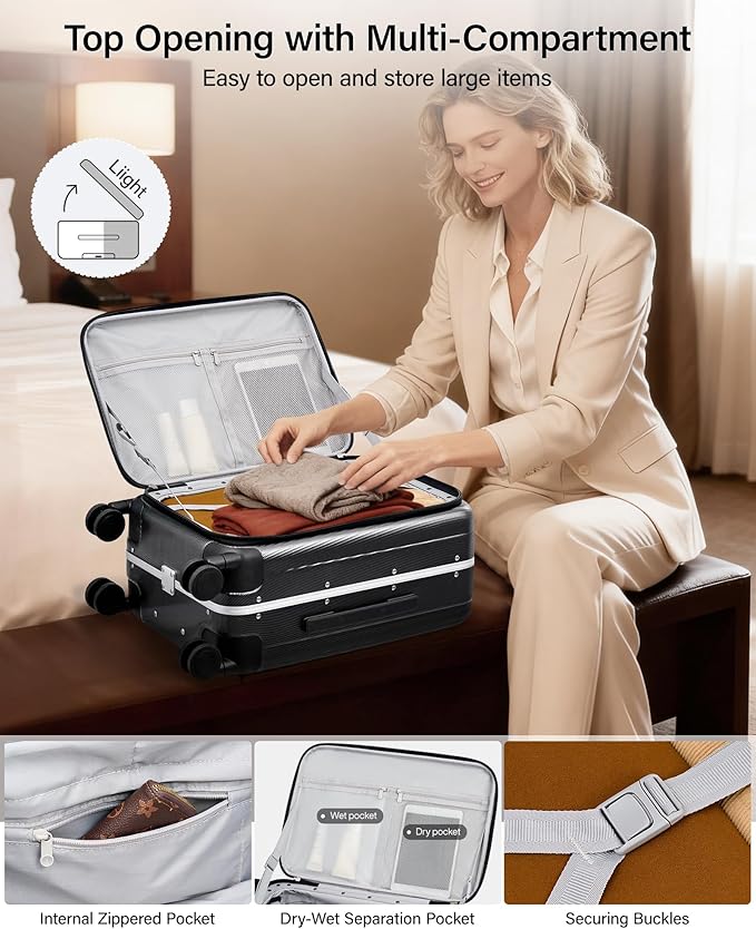 Hanke 26 Inch Large Checked Luggage PC Hard Shell Luggage Top Opening Travel Luggage Suitcases with Wheels for Woman Men.(Jet Black)