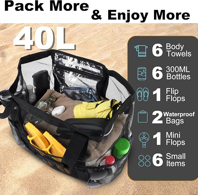 Mesh Beach Bag,Large Beach Bags for Women with 8 Pockets,Packable Tote Bag for Beach Cruise Pool Vacation Essentials