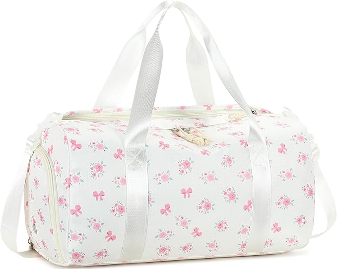 Gym Bag Sports Duffle Bag with Wet Pocket Weekender Overnight Bags with Waterproof Shoe Pouch and Air Hole for Girls Kids Women Workout Travel Bags (Bow Flower-Beige)