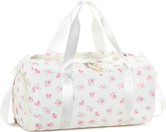 Gym Bag Sports Duffle Bag with Wet Pocket Weekender Overnight Bags with Waterproof Shoe Pouch and Air Hole for Girls Kids Women Workout Travel Bags (Bow Flower-Beige)