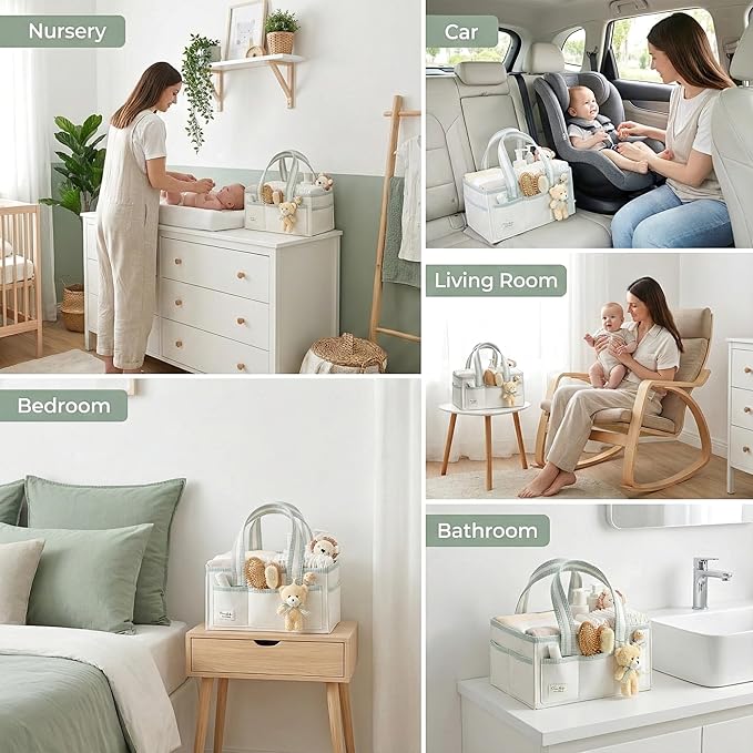 PeraBella Diaper Caddy Organizer with Handle, Baby Shower Gifts Basket Bag, Registry Search Must Haves Items, Nursery Storage Organizer for Newborn Girl Boy, Baby Bag Essentials, Car Diaper Caddy Cart
