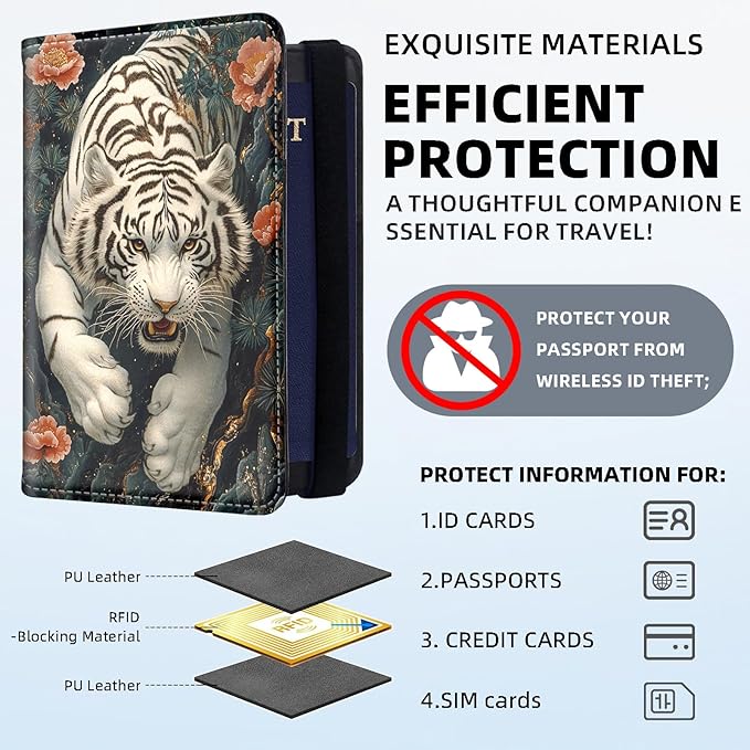 Passport Holder for Travel, RFID Blocking Passport Holder Travel Walle, Passport and Vaccine Card Holder, Vacation Must Haves Travel Accessories for Men Women, White Tiger
