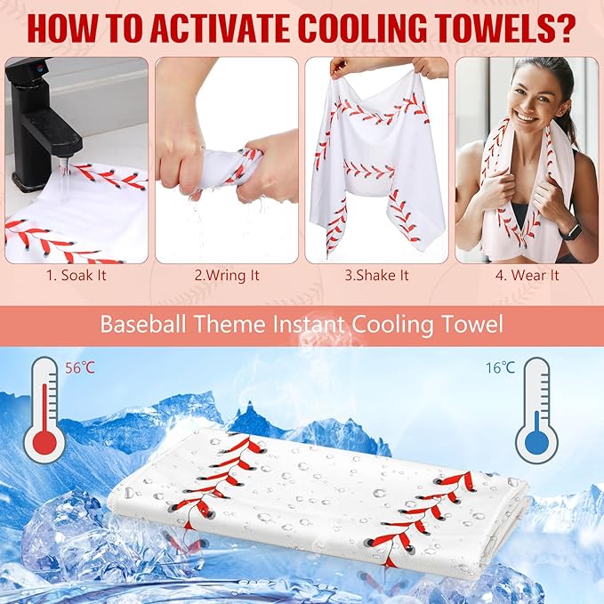 12 Pack Baseball Cooling Towels with Baseball Acrylic Luggage Tags, 40"x12" Breathable Chilly Ice Towel for Neck with Plastic Container, Sport Towel for Players Team Gift Sport Party Favors